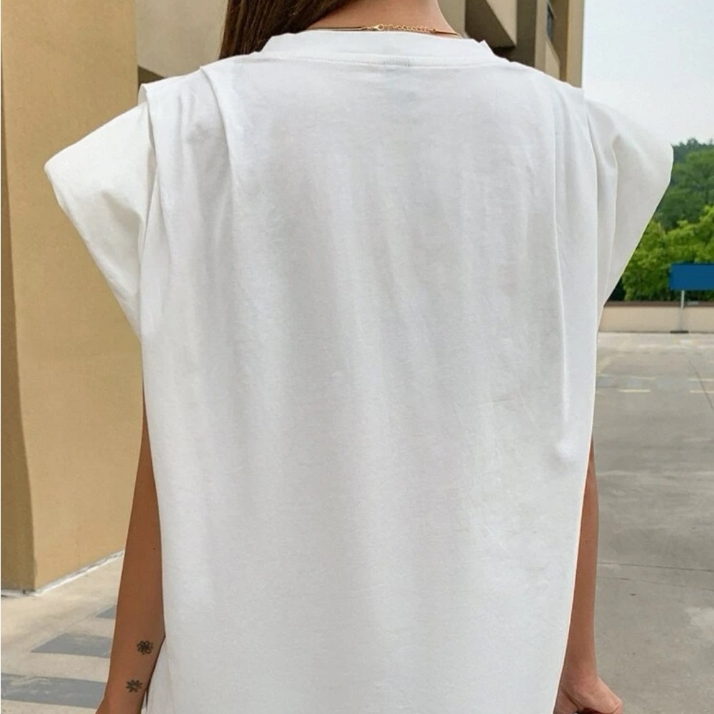 BEIGE V-neck ruched shoulder pad T-shirt tee - Picture 8 of 8